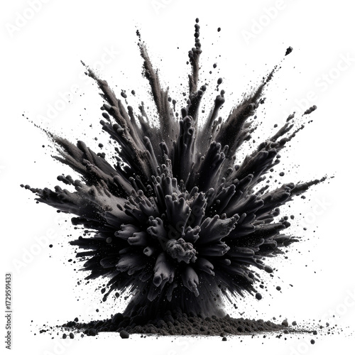 Dramatic explosion of dark particles against a black background