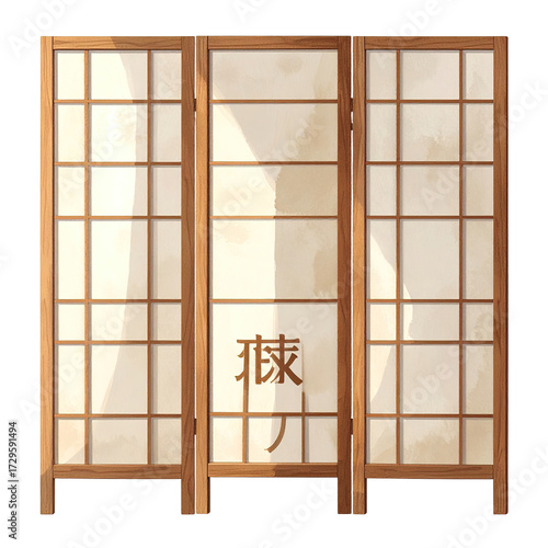 Light beige/cream-toned, wooden, three-panel room divider with a traditional Japanese design. 