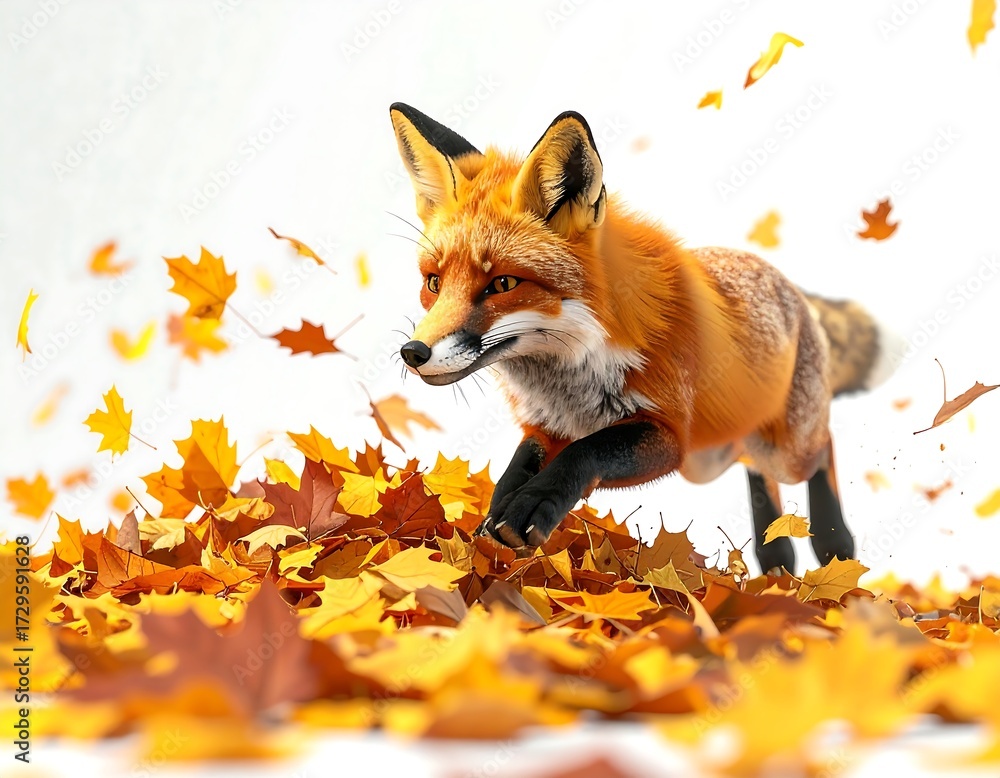 Fototapeta premium Fox Running Through Autumn Leaves with Falling Foliage