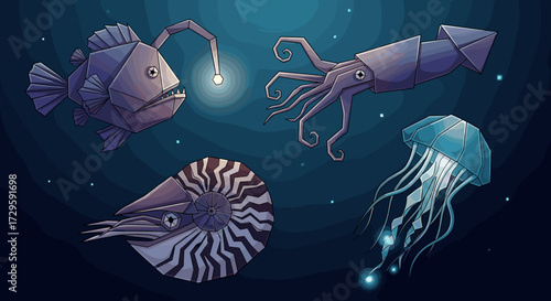 Bioluminescent Deep‑Sea Creatures: Anglerfish, Squid, Nautilus, Jellyfish.