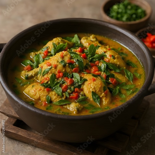 Manadonese Spicy Yellow Chicken Stew (Ayam Woku Belanga), Chicken in a Thick and Fiery Spice Broth, Garnished with Basil Leaves and Red Chili Slices in a Clay Bowl