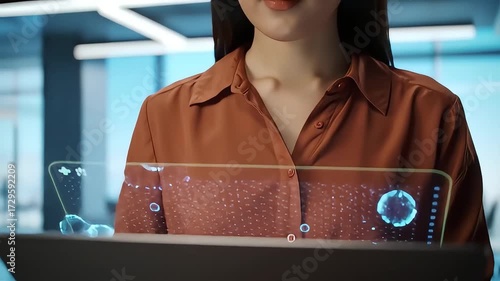 Innovative businesswoman using transparent display for dynamic data analysis in modern office, exploring future technology with digital interface