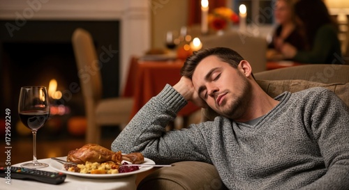 Content young Caucasian man asleep on a comfortable armchair with a plate of food and wine nearby in a warm home setting after a holiday meal.