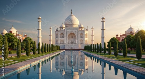 Majestic White Marble Taj Mahal with Reflective Pool and Green Gardens at Sunset