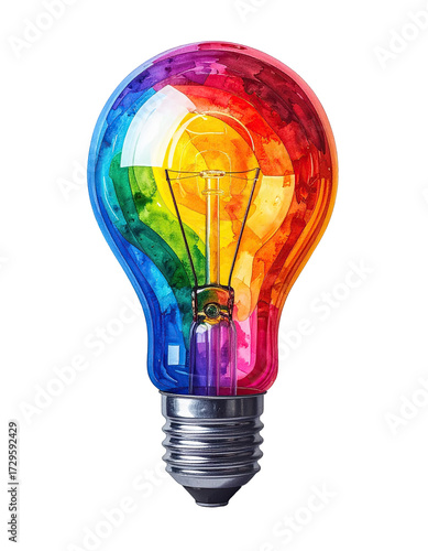 A vibrant, colorful lightbulb, painted with a rainbow of hues, showcasing a gradient effect. 