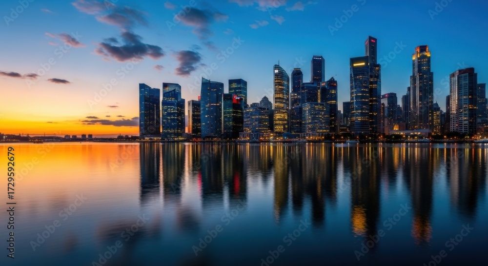 Fototapeta premium Modern City Skyline at Sunset with Reflective Water and Illuminated Skyscrapers