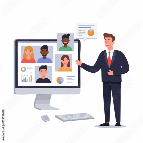 Flat Style Meeting Online Presentation with Diverse Team Illustration
