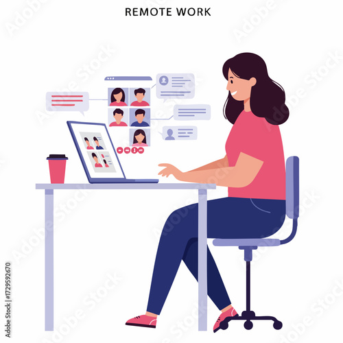 Modern Flat Style Woman Working Remotely on Laptop Illustration