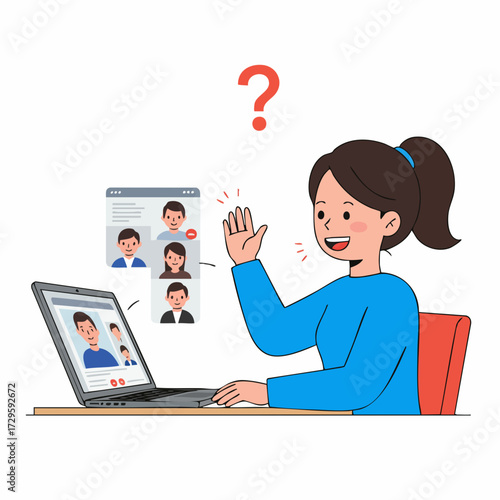 Cartoon Style Woman Confused During a Virtual Meeting Illustration