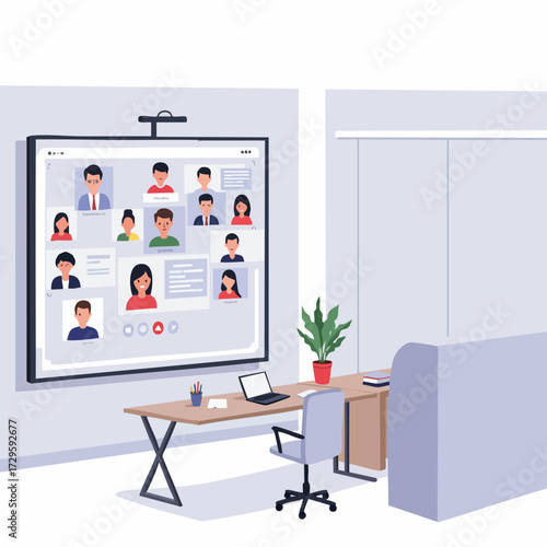 Flat Style Modern Home Office Conference Room with Online Meeting Screen
