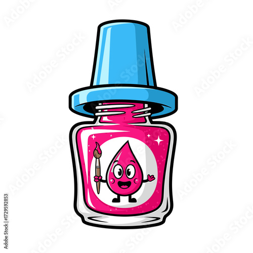 Cartoon Nail Polish Bottle with Pink Liquid and Drop Character Holding Brush