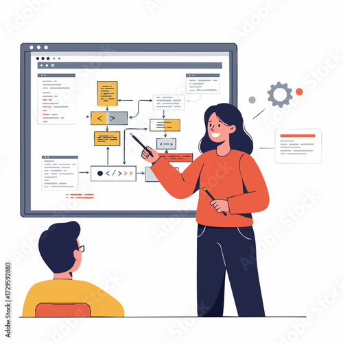 Modern Flat Design Young Woman Explaining Flowchart Diagram Illustration