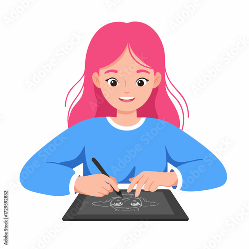 Flat Style Digital Woman Artist Illustration Drawing on Tablet Device