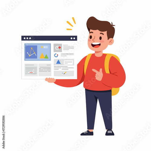 Flat Design Boy Holding Website Dashboard Presentation Display Illustration