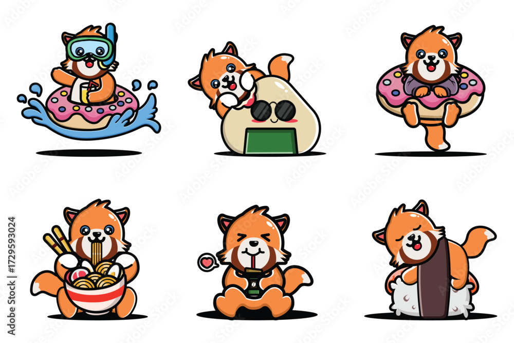 Obraz premium Cute red panda cartoon mascot with food and fun activities, kawaii animal vector set