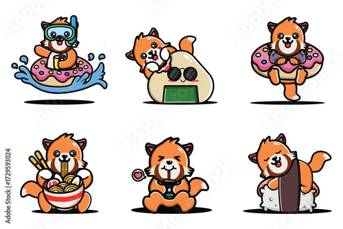Cute red panda cartoon mascot with food and fun activities, kawaii animal vector set