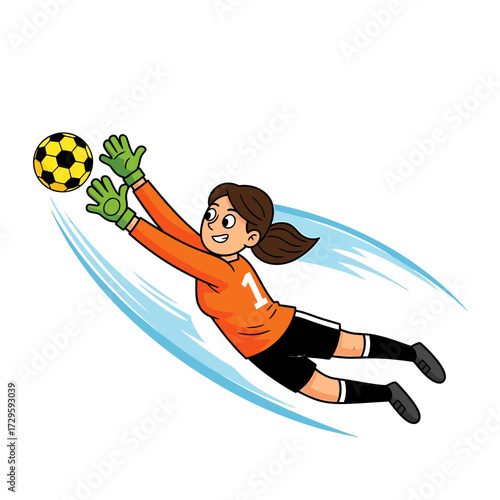 Cartoon Goalie with Ponytail Diving for Yellow and Black Soccer Ball