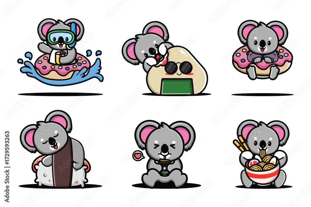 Fototapeta premium Cute cartoon koala mascot set with food and fun activities, adorable animal vector design