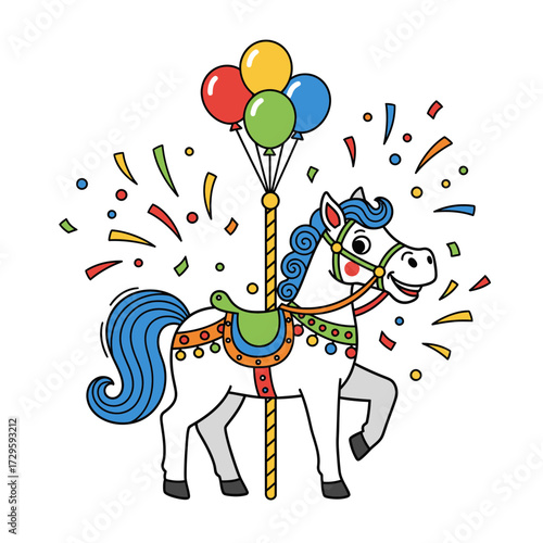 Cartoon Carousel Horse with Balloons and Confetti Blue Mane and Tail