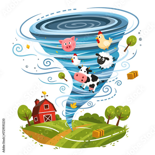 Cartoon Tornado Sweeping Farm Animals and Debris Above a Red Barn