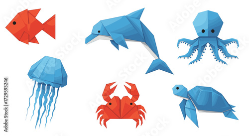 Origami sea animals collection, including fish, dolphin, octopus, jellyfish, crab, turtle