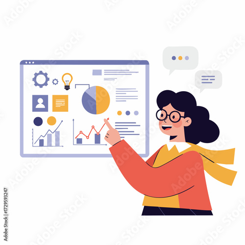 Flat Illustration Female Presenter Pointing at Data Chart on Screen