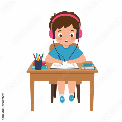 Cute Cartoon Style Boy Studying with Headphones on a Desk Illustration
