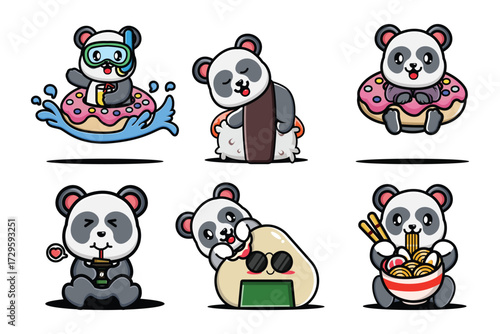 Cute panda mascot vector set with food and fun activities, adorable cartoon animal design
