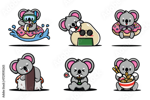 Cute cartoon koala mascot set with food and fun activities, adorable animal vector design