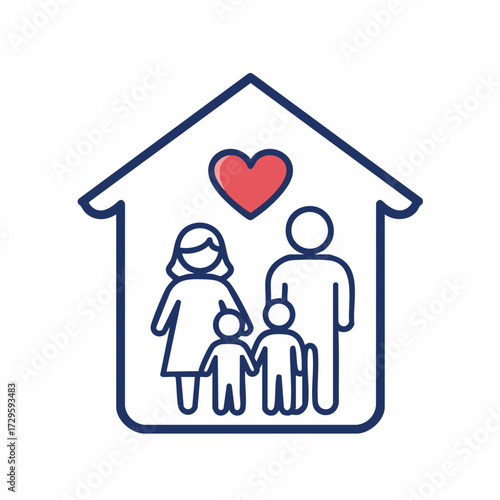 Modern Line Style Family Inside House with Heart Icon Illustration