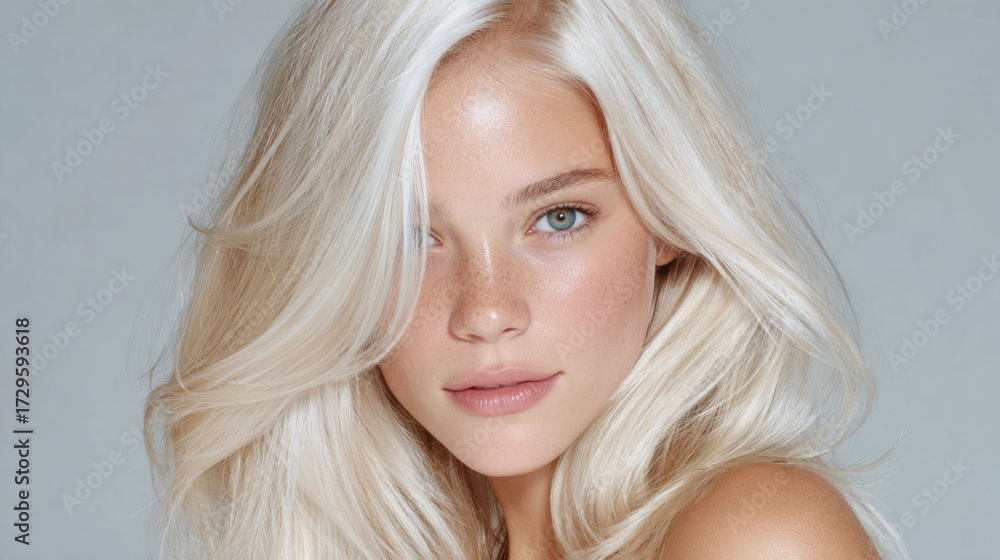 Naklejka premium Close-up portrait of a young woman with platinum blonde hair, clear skin, and soft natural lighting highlighting delicate features and a calm, airy mood.