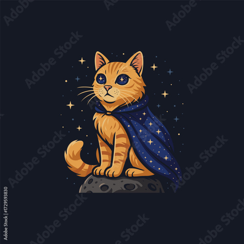 A majestic cat wearing a galaxy cape sitting on a meteor, staring dramatically into space