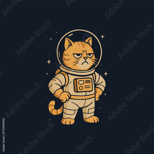 A grumpy astronaut cat looking at a floating litter box drifting away