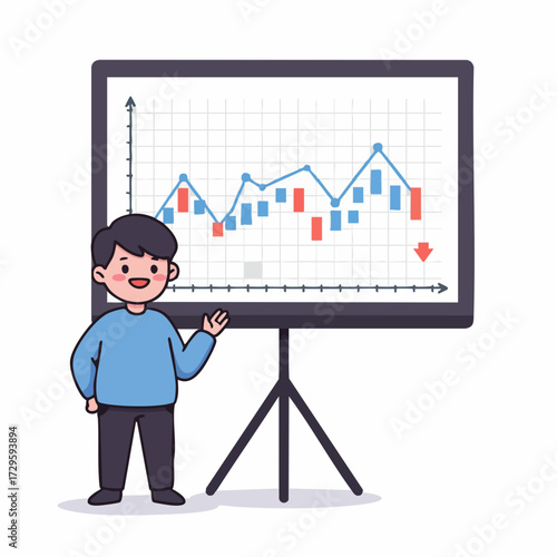 Cartoon Style Boy Presenting Business Financial Stock Graph on Whiteboard
