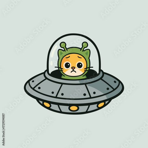 Cat wearing a tiny alien disguise inside a UFO, peeking out nervously