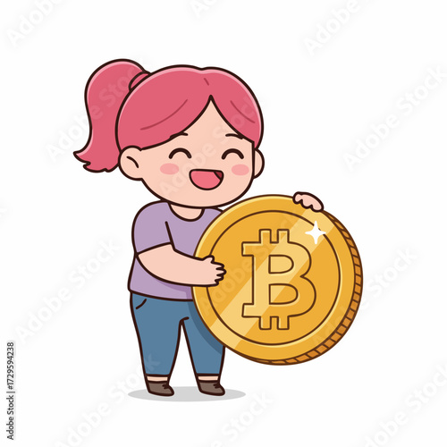 Cute Cartoon Girl Holding Big Golden Coin Digital Illustration Art