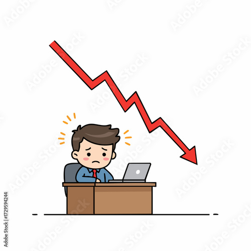 Cartoon Worried Businessman With Decreasing Arrow Graph Diagram Illustration