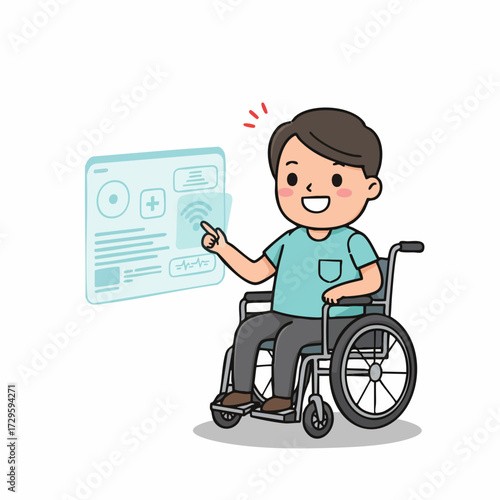 Cute Hand Drawn Boy in Wheelchair Interacting with Digital Interface Illustration