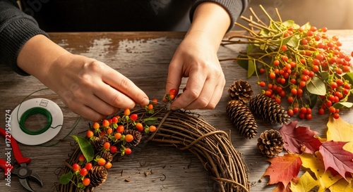 Close-up of hands crafting a beautiful autumn wreath with vibrant red berries, natural pinecones, and colorful fall leaves on a rustic wooden table, perfect for seasonal home decor.