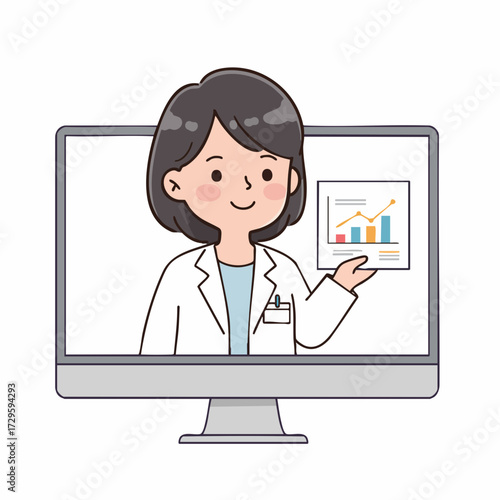 Cute Outline Smiling Woman Doctor Presenting Data on Computer Screen Illustration