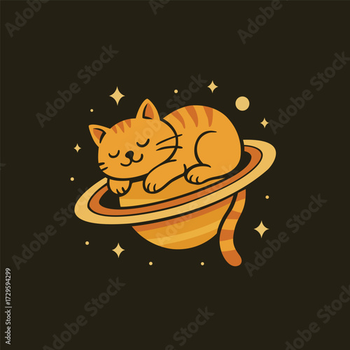 Lazy astronaut cat napping on a ring of Saturn like a hammock