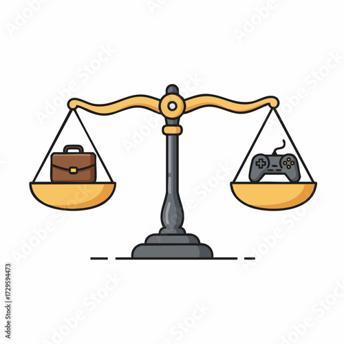 Cartoon Balance Scale with Briefcase and Joystick for Worklife Concept
