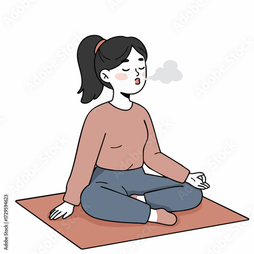 Handdrawn Outline Girl Meditation Yoga Lotus Pose On Mat Illustration