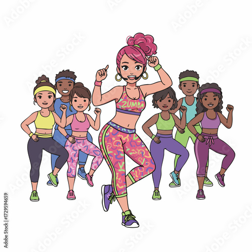 Cute Cartoon Style Group Aerobics Exercise Class with Instructor Illustration