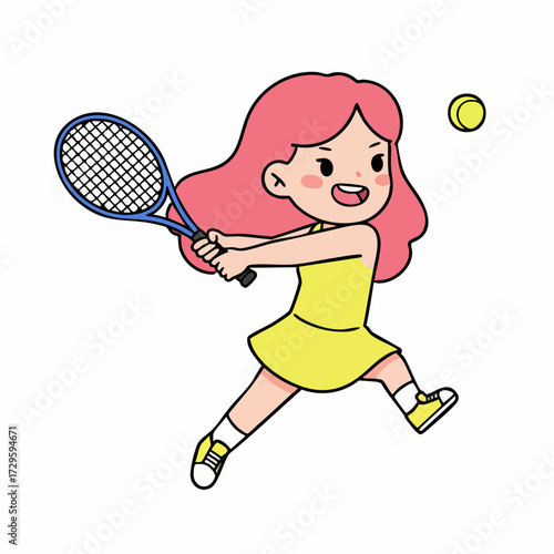 Cute Cartoon Style Tennis Girl Player with Racket Illustration