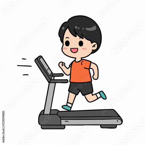 Cartoonish Smiling Boy Running On Treadmill Illustration With Black Outline