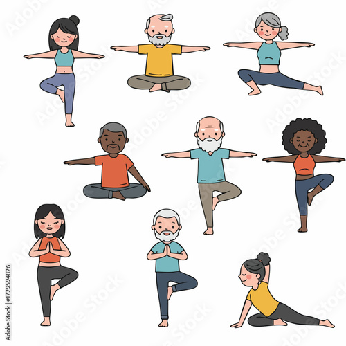 Minimalist Flat Style Group of Diverse People Doing Yoga Exercise