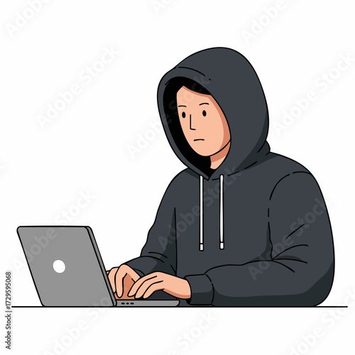 Simple Line Drawing Man in Hoodie Typing on Laptop Illustration