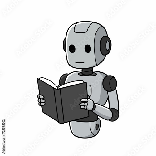 Cute Cartoon Style Robot Reading Book for Educational Purpose Illustration