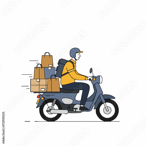 Minimalist Lineart Motorcycle Delivery Man with Packages on the Go Illustration